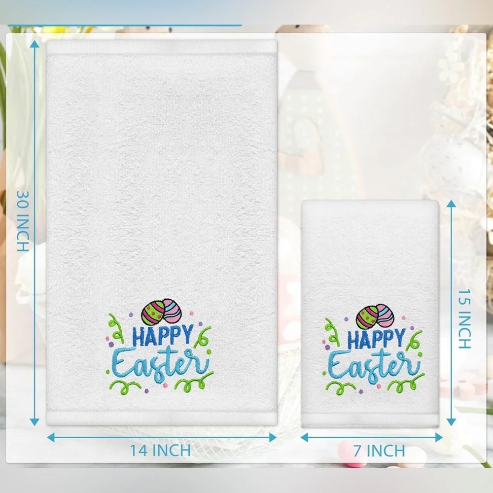 Happy Easter Embroidered White Hand Towels Set of 2